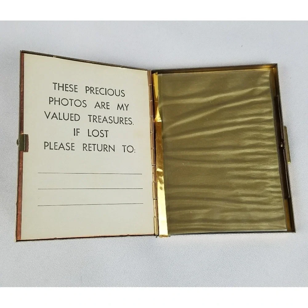 Vintage Renaissance style hinged metal photo case album padded fabric cover